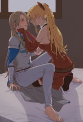 Rule 34 | 2girls, armor, barefoot, bed sheet, black bow, blonde hair, blue cape, blush, bow, breasts, brown hair, brown legwear, cape, commentary request, couple, detached sleeves, dress, eye contact, granblue fantasy, hair bow, highres, indoors, katalina (granblue fantasy), kneeling, long hair, long sleeves, looking at another, medium breasts, miso-ha (ukyuu), multiple girls, open mouth, pants, ponytail, profile, red bow, red dress, red eyes, red sleeves, shoulder armor, sideboob, sitting, sleeveless, sleeveless dress, soles, straight hair, sweatdrop, two-tone bow, very long hair, vira (granblue fantasy), white pants, yuri