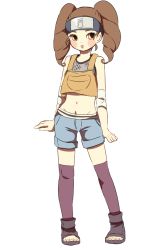 Rule 34 | 1girl, arms at sides, blush, blush stickers, brown hair, curly hair, drill hair, forehead protector, full body, headband, highres, long hair, midriff, mizuto (o96ap), naruto (series), naruto shippuuden, navel, o96ap, open mouth, orange eyes, purple thighhighs, short shorts, shorts, simple background, solo, standing, thighhighs, toes, twintails, white background, yome (naruto)