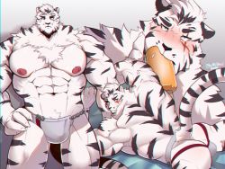 Rule 34 | 1boy, abs, animal ears, arknights, ass, bara, blush, bulge, chewing, collage, completely nude, emule, erection, foreskin, furry, furry male, grey male underwear, highres, jockstrap, large pectorals, lying, male focus, male underwear, mountain (arknights), multiple views, muscular, muscular male, navel, nipples, nude, on stomach, pectorals, pov, saliva, scar, scar across eye, scar on face, sexually suggestive, short hair, stomach, tail, testicles, thick thighs, thighs, tiger boy, tiger ears, tiger tail, underwear, underwear only, white fur, white hair