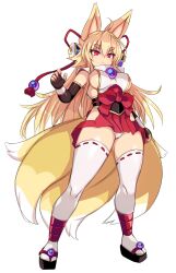 Rule 34 | 1girl, animal ears, blonde hair, breasts, commentary request, fox ears, fox tail, full body, hair between eyes, highres, izuna (shinrabanshou), japanese clothes, karukan (monjya), large breasts, long hair, multiple tails, red eyes, shinrabanshou, simple background, solo, standing, tabi, tail, thick eyebrows, thighhighs, white background, white thighhighs