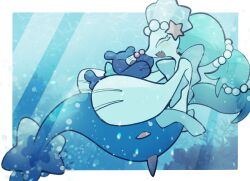 Rule 34 | blue hair, blush, closed eyes, creatures (company), evolutionary line, fang, game freak, gen 7 pokemon, hair ornament, happy, hat, highres, long hair, nintendo, no humans, open mouth, pokemon, pokemon (creature), popplio, primarina, smile, spikes, sstoh, starfish hair ornament, underwater, very long hair, water