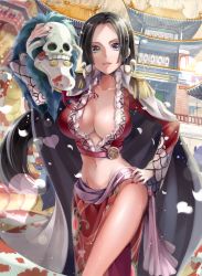 Rule 34 | 1girl, architecture, black eyes, black hair, boa hancock, breasts, cape, cleavage, earrings, east asian architecture, epaulettes, fur trim, hand on own hip, highres, jewelry, large breasts, lips, long hair, long sleeves, midriff, navel, one piece, salome (one piece), skull, snake, snake earrings, white cape, yache