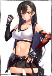 Rule 34 | 1girl, armpits, bare shoulders, belt, black gloves, black hair, black skirt, black thighhighs, breasts, cleavage, clenched hand, collarbone, cowboy shot, crop top, earrings, elbow gloves, final fantasy, final fantasy vii, final fantasy vii remake, fingerless gloves, gloves, grin, groin, hand on own hip, hand up, highres, jewelry, kei (soundcross), large breasts, long hair, looking at viewer, low-tied long hair, midriff, miniskirt, navel, pleated skirt, red eyes, shirt, skindentation, skirt, sleeveless, sleeveless shirt, smile, solo, square enix, standing, stomach, suspenders, thighhighs, tifa lockhart, vambraces, very long hair, white shirt, zettai ryouiki