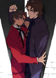 Rule 34 | 2boys, bad id, bad pixiv id, blue eyes, brown eyes, brown hair, cramped, cross, cross necklace, facial hair, fate/stay night, fate/zero, fate (series), goatee, highres, jewelry, kotomine kirei, multiple boys, necklace, rokuji, sweatdrop, time paradox, tohsaka tokiomi