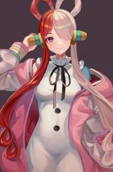 Rule 34 | 1girl, absurdres, closed mouth, hair over one eye, hair rings, headphones, highres, hitomin (ksws7544), jacket, long hair, long sleeves, looking at viewer, multicolored hair, one piece, one piece film: red, open clothes, open jacket, purple eyes, simple background, smile, solo, split-color hair, two-tone hair, uta (one piece), very long hair