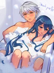 Rule 34 | 1boy, 1girl, areola slip, bath, bathing, bathtub, blue eyes, blue hair, blush, brown eyes, commentary request, commission, convenient censoring, couple, fire emblem, fire emblem awakening, hair between eyes, hetero, highres, indoors, lipstick mark, long hair, lucina (fire emblem), mixed-language commentary, mixed-sex bathing, nintendo, nude, r123, robin (fire emblem), robin (male) (fire emblem), same-sex bathing, shared bathing, short hair, sitting, sitting on person, skeb commission, soap bubbles, soap censor, thank you, white hair