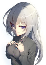 Rule 34 | 1girl, absurdres, black shirt, breasts, collared shirt, grey hair, hands on own chest, highres, kather, long hair, looking to the side, medium breasts, original, purple eyes, shirt, smile, solo, upper body, white background