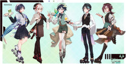 5boys absurdres adapted_costume almond_tofu_(food_fantasy) alternate_costume anemo_symbol_(genshin_impact) aqua_gemstone aqua_hair beret black_bow black_eyes black_footwear black_gloves black_hair black_hat black_pants black_shorts black_sleeves black_socks black_undershirt black_vest blue_hat blue_sleeves blunt_ends blush bow braid brown_footwear brown_hat brown_pants brown_shorts brown_vest cape closed_mouth cup drink drinking_straw eyeliner eyeshadow facial_mark feather_hair_ornament feathers flower food forehead_mark furisode genshin_impact glass gloves gradient_background gradient_hair green_eyes green_hair green_hat green_jacket green_juice green_shorts hair_between_eyes hair_ornament hairclip hakama hakama_shorts hand_on_own_hip hat hat_flower highres holding holding_pen holding_plate holding_saucer jacket japanese_clothes jewelry kaedehara_kazuha kimono lapels layered_sleeves long_hair long_sleeves looking_at_viewer makeup male_focus mashiro_io mole mole_under_eye multicolored_clothes multicolored_hair multicolored_shorts multiple_boys necktie onigiri open_mouth pants pen petals plate pleated_shorts pom_pom_(clothes) ponytail purple_rope red_eyeliner red_eyes red_eyeshadow red_hair roller_skates rope saucer scaramouche_(genshin_impact) shikanoin_heizou shirt shoes short_hair shorts single_braid single_thighhigh skates smile socks streaked_hair tassel teeth thighhighs three_quarter_view tongue tongue_out twin_braids venti_(genshin_impact) vest vision_(genshin_impact) waiter wanderer_(genshin_impact) watermark white_flower white_footwear white_hair white_jacket white_shirt white_sleeves white_thighhighs wristband xiao_(genshin_impact) yellow_cape yellow_eyes yellow_feathers yellow_necktie