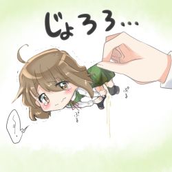 Rule 34 | 1girl, ahoge, black thighhighs, blush, brown eyes, brown footwear, brown hair, chibi, disembodied limb, embarrassed, female focus, green background, green skirt, green vest, japanese text, kobayasi okasi, long sleeves, looking back, matching hair/eyes, mini person, minigirl, neck ribbon, original, peeing, peeing self, red ribbon, ribbon, shirt, shoes, short hair, simple background, skirt, solo, speech bubble, tears, text focus, thighhighs, translation request, trembling, vest, wavy mouth, wet, wet clothes, white shirt