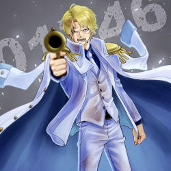 Rule 34 | 1boy, alternate costume, blonde hair, cigarette, coat, coat on shoulders, commentary request, dirty, dirty clothes, donquixote rocinante, gun, highres, holding, holding gun, holding weapon, male focus, necktie, one piece, pants, pointing, pointing at viewer, short hair, solo, toyoura (23066494), weapon, white pants