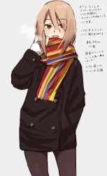Rule 34 | 1girl, :d, black jacket, blush, breath, brown eyes, brown pantyhose, commentary request, eyes visible through hair, grey background, hair over one eye, hand in pocket, hand up, highres, jacket, kapatarou, light brown hair, long sleeves, looking at viewer, multicolored clothes, multicolored scarf, open mouth, original, pantyhose, revision, scarf, simple background, sleeves past wrists, smile, solo, standing, translation request