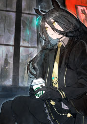 Rule 34 | 1girl, ahoge, animal ears, black gloves, black hair, black jacket, black legwear, black shirt, black skirt, choker, coffee cup, collared shirt, commentary request, cup, different reflection, disposable cup, earrings, gloves, hair between eyes, highres, horse ears, indoors, jacket, jewelry, long hair, manhattan cafe (umamusume), multicolored hair, necktie, parted lips, pleated skirt, rain, reflection, shirt, single earring, sitting, skirt, solo, steam, streaked hair, toi8, umamusume, window, yellow eyes, yellow necktie