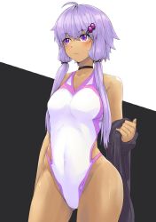 Rule 34 | 1girl, breasts, choker, commentary request, competition swimsuit, contrapposto, gluteal fold, grey towel, hair ornament, hair over shoulder, highleg, highleg swimsuit, highres, medium breasts, one-piece swimsuit, purple eyes, purple hair, short hair with long locks, solo, standing, swimsuit, tan, two-tone background, vocaloid, voiceroid, white one-piece swimsuit, yuzuki yukari, zooanime