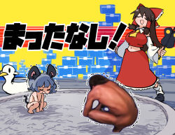 Rule 34 | 1boy, 2girls, animal ears, black footwear, bow, breasts, brown hair, closed eyes, collared shirt, commentary request, completely nude, cookie (touhou), detached sleeves, frilled bow, frilled skirt, frills, full body, gram 9, grey hair, hair bow, hair tubes, hakurei reimu, innertube, large breasts, long hair, long skirt, manatsu no yo no inmu, midriff, mouse ears, mouse girl, mouse tail, multiple girls, navel, nazrin, necktie, noel (cookie), nude, nyon (cookie), open mouth, photo inset, red bow, red shirt, red skirt, shirt, shoes, short hair, sidelocks, skirt, sleeveless, sleeveless shirt, socks, squatting, standing, sumo, swim ring, tail, takuya (acceed), touhou, translation request, trembling, war fan, white sleeves, white socks, yellow necktie