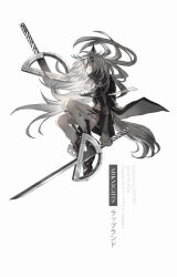 Rule 34 | 1girl, absurdres, animal ears, arknights, artist name, black coat, black footwear, boots, coat, copyright name, dated, dual wielding, errro (mrdz7852), floating, full body, grey eyes, grey hair, grin, hair ornament, hairclip, highres, holding, holding sword, holding weapon, lappland (arknights), long hair, long sleeves, looking at viewer, material growth, oripathy lesion (arknights), simple background, smile, solo, sword, tail, weapon, white background
