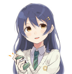 Rule 34 | 1girl, bad id, bad pixiv id, blue hair, blush, bottle, commentary request, hair between eyes, hair ornament, holding, holding bottle, long hair, looking at viewer, love live!, love live! school idol festival, love live! school idol project, necktie, open mouth, simple background, smile, solo, sonoda umi, totoki86, upper body, vest, white background, yellow eyes