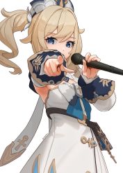 Rule 34 | 1girl, :d, absurdres, armpits, barbara (genshin impact), blonde hair, blue eyes, book, bow, cowboy shot, detached sleeves, dress, genshin impact, hat, highres, holding, holding microphone, huge filesize, long hair, long sleeves, microphone, music, open mouth, outstretched arm, pointing, pointing at viewer, simple background, singing, smile, solo, strapless, strapless dress, twintails, twitter username, white background, white bow, white dress, white hat, wusie2
