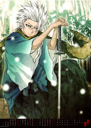 Rule 34 | 1boy, absurdres, bamboo, bamboo forest, bleach, calendar, forest, highres, hitsugaya toushirou, japanese clothes, kimono, male focus, nature, outdoors, scarf, solo, spiked hair, sword, weapon, white hair