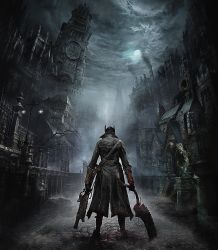 Rule 34 | 1boy, absurdres, architecture, belt, blood, blood on clothes, blood splatter, bloodborne, bloody weapon, buckle, cityscape, clock, clock tower, cloud, cloudy sky, coat, from behind, from software, full moon, gothic architecture, gun, hat, highres, hunter (bloodborne), lamppost, male focus, moon, moonlight, night, night sky, official art, pillar, road, saw, saw cleaver, shotgun, sky, smoke, solo, stairs, standing, statue, street, tower, tree, trench coat, vambraces, victorian, weapon