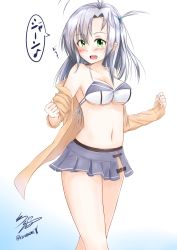 Rule 34 | 10s, 1girl, :d, absurdres, ahoge, alternate costume, blush, breasts, cleavage, frilled skirt, frills, green eyes, highres, kantai collection, kinugasa (kancolle), long hair, looking at viewer, namikawa kuroha, navel, open clothes, open mouth, purple hair, signature, silver hair, skirt, smile, solo, standing, swimsuit, twitter username