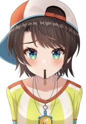 Rule 34 | 1girl, absurdres, aqua eyes, backwards hat, baseball cap, blush, brown hair, collarbone, food, hat, highres, hisui (user zvkr2432), hololive, jewelry, looking at viewer, mouth hold, necklace, oozora subaru, oozora subaru (1st costume), pocky, pocky day, pocky kiss, shared food, shirt, short hair, simple background, solo, striped clothes, striped shirt, swept bangs, tilted headwear, vertical-striped clothes, vertical-striped shirt, virtual youtuber, white background