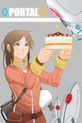 Rule 34 | 1girl, animification, aperture science handheld portal device, brown eyes, brown hair, cake, candle, chell, food, glados, good end, jumpsuit, pastry, portal (series), portal 1, sentry turret (portal), solo, spoilers, valve, yana yana