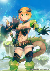 Rule 34 | 1girl, axe, bandaid, bandaid on face, bandaid on nose, bare shoulders, belt, black bra, black gloves, black shorts, black thighhighs, blonde hair, blue sky, boots, bra, breasts, choker, cleavage, closed mouth, cloud, copyright name, cowboy shot, day, dragon girl, dragon horns, dragon tail, floating island, gloves, grass, green eyes, green footwear, holding, holding weapon, horns, knee boots, lens flare, light particles, looking at viewer, medium breasts, navel, outdoors, scales, short hair, short shorts, shorts, shutsuri, sky, smile, solo, standing, sunlight, tail, thighhighs, underwear, vambraces, water, waterfall, watermark, weapon, zettai bouei leviathan