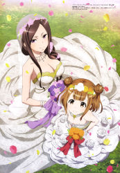 Rule 34 | 2girls, absurdres, beatrice (princess principal), blunt bangs, bouquet, bracelet, breasts, bridal gauntlets, bridal veil, brown eyes, brown hair, cleavage, closed mouth, dorothy (princess principal), double bun, dress, flat chest, flower, from above, grass, hair bun, hair flower, hair ornament, head wreath, highres, holding, holding bouquet, jewelry, large breasts, multiple girls, necklace, nishio kouhaku, no bra, official art, petals, princess principal, purple eyes, see-through, smile, veil, wedding dress