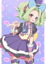 Rule 34 | 1girl, blue bow, blue skirt, bow, chii (chi pppuri), cowboy shot, cropped jacket, gem, green hair, hair bow, hand up, hat, highres, idol clothes, jacket, kiratto pri chan, long hair, looking at viewer, pleated skirt, pretty series, purple background, purple jacket, purple skirt, rabbily (kiratto pri chan), skirt, smile, solo, standing, star-shaped pupils, star (symbol), symbol-shaped pupils, tongue, tongue out, twintails, v, wrist cuffs
