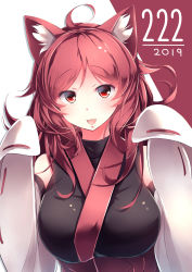 Rule 34 | 1girl, 2019, :3, absurdres, ahoge, animal ear fluff, animal ears, arms up, blush, breasts, cat ears, curly hair, dated, detached sleeves, fang, highres, kanzakietc, kemurikusa, large breasts, long hair, long sleeves, looking at viewer, open mouth, red eyes, red hair, ritsu (kemurikusa), smile, solo, upper body