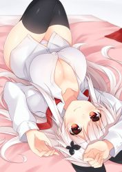 Rule 34 | 1girl, albino, arms up, bed, black thighhighs, blush, breasts, butterfly hair ornament, cleavage, closed mouth, collarbone, collared shirt, dress shirt, etna (kuzuyu), foreshortening, hair ornament, hand on own head, knees up, komori kuzuyu, large breasts, long hair, long sleeves, looking at viewer, lying, neck ribbon, no bra, no pants, on back, on bed, original, panties, pink panties, red eyes, red neckwear, shiny skin, shirt, sidelocks, smile, solo, tareme, thighhighs, thighs, underwear, undone neck ribbon, very long hair, wing collar