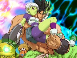 Rule 34 | 10s, 1girl, 2boys, abs, alien, ass, belt, biceps, black hair, blush, boots, broly (dragon ball super), cheelai, colored skin, curvy, dragon ball, dragon ball super, dragon ball super broly, empty eyes, energy, energy ball, energy gun, fushisha o, gloves, glowing, glowing hair, grabbing, green skin, gun, hand on another&#039;s face, hetero, holding, holding weapon, lemo (dragon ball), looking at viewer, multiple boys, muscular, one eye closed, purple eyes, ray gun, scar, scouter, shiny skin, smile, spiked hair, stomach, topless male, weapon, wink, wristband