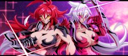 Rule 34 | 1girl, absurdres, amaha masane, andoryu anzuru, arm blade, armor, bikini armor, breasts, cleavage, corruption, dark persona, demon girl, dual persona, glowing, glowing eyes, highres, large breasts, long hair, monster girl, purple eyes, red hair, revealing clothes, slit pupils, transformation, very long hair, weapon, white hair, witchblade, wrist blades, yellow eyes