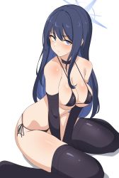 Rule 34 | 1girl, absurdres, bare shoulders, bikini, black bikini, black gloves, black hair, black thighhighs, blue archive, blue eyes, blush, breasts, choker, cleavage, collarbone, elbow gloves, gloves, halo, highres, large breasts, long hair, looking at viewer, micro bikini, saori (blue archive), seihekiog, sitting, solo, swimsuit, thighhighs, thighs, wariza, white background