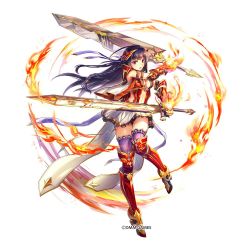 Rule 34 | 1girl, armor, armored boots, black hair, boots, braid, breasts, commentary request, copyright name, dual wielding, fire, full body, gauntlets, hair ornament, holding, kamihime project, long hair, looking at viewer, medium breasts, mole, mole under eye, navel, official art, open mouth, original, pauldrons, pleated skirt, purple thighhighs, red eyes, shoulder armor, simple background, skirt, solo, sword, thighhighs, weapon, white background, zettai ryouiki