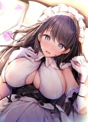 Rule 34 | 1girl, @ @, apron, azur lane, bare shoulders, between breasts, black hair, blue eyes, blush, breasts, charybdis (azur lane), clothing cutout, collared shirt, commentary request, condom, condom wrapper, dutch angle, earrings, elbow gloves, frilled gloves, frills, gloves, hair between eyes, hands up, highres, hukairi botan, jewelry, large breasts, long hair, lying, maid headdress, nose blush, on back, on bed, open mouth, pillow, shadow, shirt, sideboob, sidelocks, sleeveless, sleeveless shirt, solo, strap between breasts, stud earrings, tears, upper body, waist apron, white apron, white gloves, white shirt