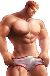 Rule 34 | 1boy, abs, bara, blue eyes, brown hair, bulge, chillasan, facial hair, gyee, highres, large pectorals, long sideburns, looking at viewer, male focus, manly, multicolored hair, muscular, navel, nipples, orange hair, pectorals, rand (gyee), short hair, sideburns, smile, solo, standing, stubble, thick thighs, thighs, topless male, upper body