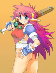Rule 34 | 1girl, armor, ass, blue eyes, blue gloves, blue headband, breastplate, carrying over shoulder, cowboy shot, fingerless gloves, gloves, grin, hand on own hip, headband, holding, holding sword, holding weapon, leotard, long hair, mail (popful mail), messy hair, muramasa mikado, orange background, pointy ears, popful mail, red hair, scabbard, sheath, sheathed, simple background, smile, solo, sword, thighs, weapon, white leotard
