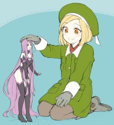Rule 34 | 2girls, absurdly long hair, aqua background, beret, black thighhighs, blonde hair, blouse, boots, breast pocket, breasts, cleavage, cleavage cutout, clothing cutout, coat, collared shirt, commentary, detached collar, detached sleeves, facial mark, fate/grand order, fate (series), flat color, flying sweatdrops, forehead mark, full body, giant, giantess, gloves, green hat, hand on another&#039;s head, hand on own thigh, hat, headpat, high heel boots, high heels, hip vent, isshoku (shiki), kneeling, large breasts, legs together, long hair, medusa (fate), medusa (rider) (fate), medusa (rider) (third ascension) (fate), multiple girls, open mouth, pantyhose, paul bunyan (fate), pelvic curtain, pocket, purple hair, red shirt, shirt, short hair, side cutout, simple background, sitting, smile, standing, swept bangs, thigh boots, thighhighs, very long hair, yellow eyes