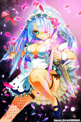 Rule 34 | 1girl, apron, arm cuffs, blue eyes, blue hair, bow, breasts, cat shi, cleavage, dagger, eyepatch, fishnet thighhighs, fishnets, flower, frills, frown, holding, knife, large breasts, leg up, long hair, maid, maid apron, maid headdress, mary janes, petals, ribbon, rose, shoes, solo, sword girls, thighhighs, watermark, weapon