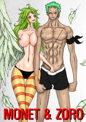 Rule 34 | 1boy, 1girl, anonymousdrawer, breasts, large breasts, monet (one piece), nipples, one piece, roronoa zoro, smile
