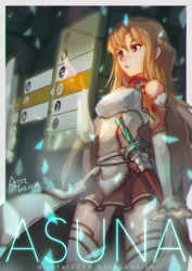 Rule 34 | 10s, 1girl, absurdres, ajin, armor, asuna (sao), brown hair, character name, dated, detached sleeves, highres, holographic interface, long hair, red eyes, scabbard, sheath, sheathed, skirt, solo, sword, sword art online, thighhighs, thighs, user interface, weapon, white armor, zettai ryouiki