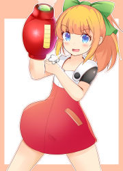 Rule 34 | 1girl, arm cannon, aru (arudes), blonde hair, blue eyes, blunt bangs, blush, bow, dress, green bow, hair bow, hand on own arm, long hair, long sleeves, looking at viewer, mega man (classic), mega man (series), mega man 11, open mouth, ponytail, red dress, red skirt, roll (mega man), skirt, smoke, solo, standing, weapon