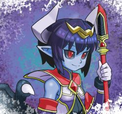 Rule 34 | 1girl, bare shoulders, blue sclera, blue skin, closed mouth, colored sclera, colored skin, copyright request, demon girl, demon horns, demon wings, detached sleeves, gloves, highres, holding, holding weapon, horns, looking at viewer, low wings, pointy ears, polearm, purple background, purple hair, red eyes, reiesu (reis), short hair, slit pupils, smile, solo, spear, tiara, upper body, weapon, white gloves, wings
