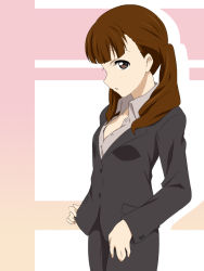 Rule 34 | 1girl, alternate costume, brown eyes, brown hair, business suit, extra, face, formal, hands on own hips, ikari manatsu, k-on!, pant suit, pants, solo, suit, twintails, wakaouji ichigo