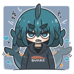 Rule 34 | 1girl, afterimage, arrow (symbol), black hoodie, blue eyes, blue hair, blush, clenched teeth, clothes writing, commentary request, fins, fish tail, fuka-chan, grey background, hair between eyes, heart, highres, hood, hood down, hoodie, looking at viewer, original, outline, shark tail, sharp teeth, short eyebrows, solo, tail, tail wagging, teeth, thick eyebrows, uni souchou, white outline