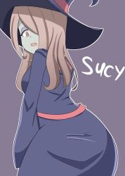 Rule 34 | 10s, 1girl, absurdres, ass, brown hair, hair over one eye, hat, highres, little witch academia, pink eyes, sucy manbavaran, witch hat