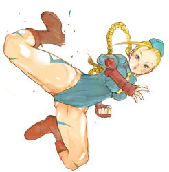 Rule 34 | 1girl, ahoge, antenna hair, blonde hair, blue eyes, blue leotard, boots, braid, breasts, cammy white, camouflage, capcom, clenched hand, combat boots, female focus, fingerless gloves, flying kick, full body, garrison cap, gloves, green eyes, hat, kazaana, kicking, leotard, long hair, medium breasts, necktie, ribbed leotard, scar, simple background, solo, spread legs, street fighter, thick thighs, thighs, thong leotard, twin braids