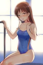 Rule 34 | 1girl, :d, backlighting, bare arms, bare legs, bare shoulders, blue one-piece swimsuit, blush, breasts, brown eyes, brown hair, cleavage, collarbone, commentary request, competition swimsuit, hand on own chest, hands up, idolmaster, idolmaster cinderella girls, indoors, long hair, looking at viewer, nitta minami, on floor, one-piece swimsuit, open mouth, pool ladder, poolside, sekiya asami, shiny skin, sitting, smile, solo, strap slip, swimsuit, tareme, thighs, tile floor, tiles, water drop, wet