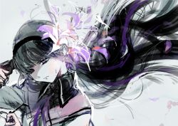 Rule 34 | 1girl, abstract, absurdres, akemi homura, alternate body fluid, black-framed eyewear, black hair, black hairband, black theme, blunt bangs, capelet, close-up, closed mouth, copyright request, crying, crying with eyes open, finger on trigger, floating hair, flower, frown, glasses, grey background, grey capelet, grey theme, gun, gun to head, hair over one eye, hairband, hand up, handgun, head tilt, high collar, highres, holding, holding gun, holding removed eyewear, holding weapon, long hair, mahou shoujo madoka magica, mahou shoujo madoka magica (anime), neck ribbon, petals, pistol, purple eyes, purple flower, purple ribbon, purple theme, ribbon, serious, shaded face, simple background, solo, tears, tentsuu (tentwo), unworn eyewear, upper body, v-shaped eyebrows, weapon, white flower